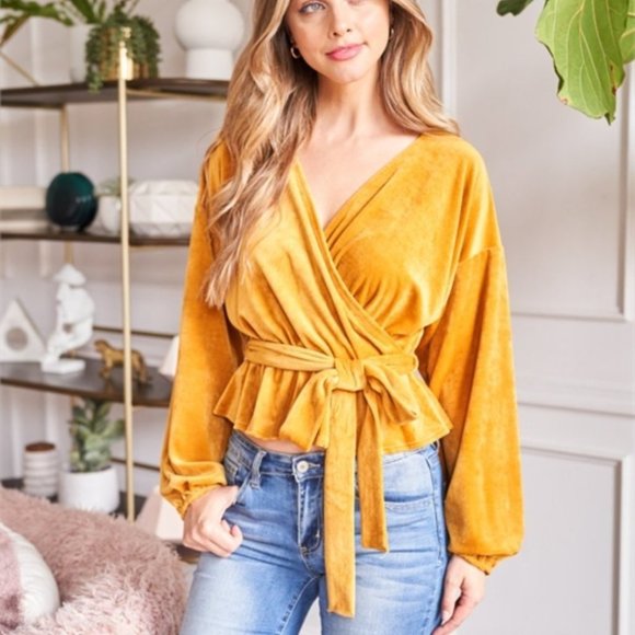 BOHO velour bishop sleeve belted MUSTARD TOP - Picture 4 of 7